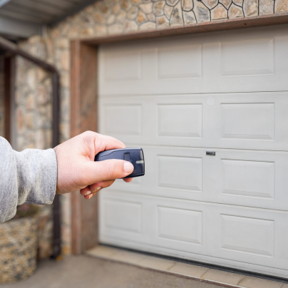 Fayetteville security key fob pointing to a garage door