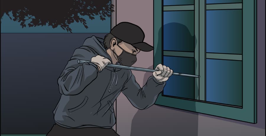 Illustration of burglar forcing entry through a window in Fayetteville